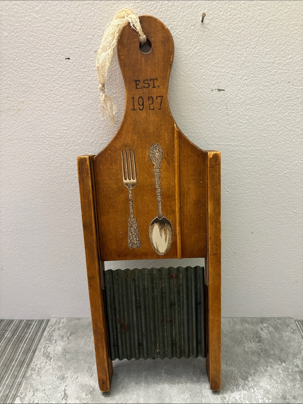 Rustic Brown Wooden Wall-Mount Potato Cutting Board with Fork & Spoon Design
